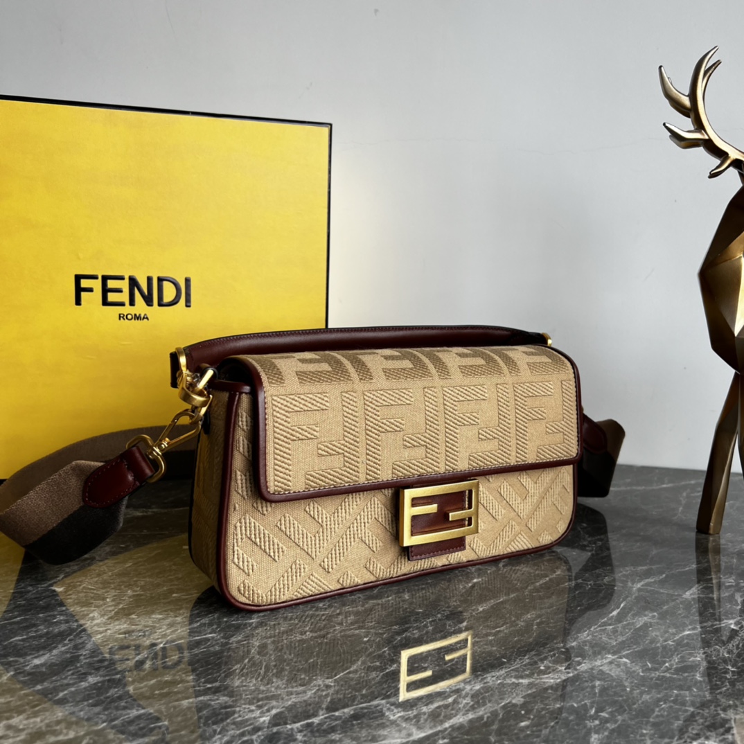 Fendi Medium Baguette FF Canvas Shoulder Bag Coffee